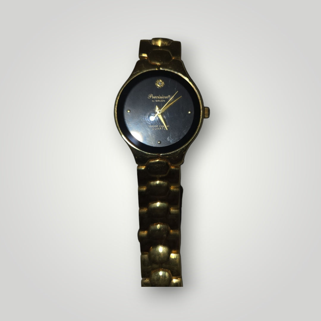 20524 - Precision by Gruen Watch with Box- Gold Tone Band and Black Face - |Clear-|