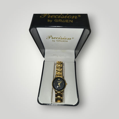 20524 - Precision by Gruen Watch with Box- Gold Tone Band and Black Face - |Clear-|