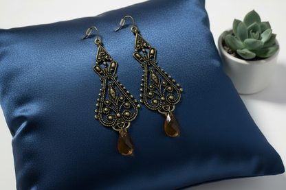 30023 - 2"  Stunning Pierced Amber Bead Earrings in Durable Brass |Clear-178|