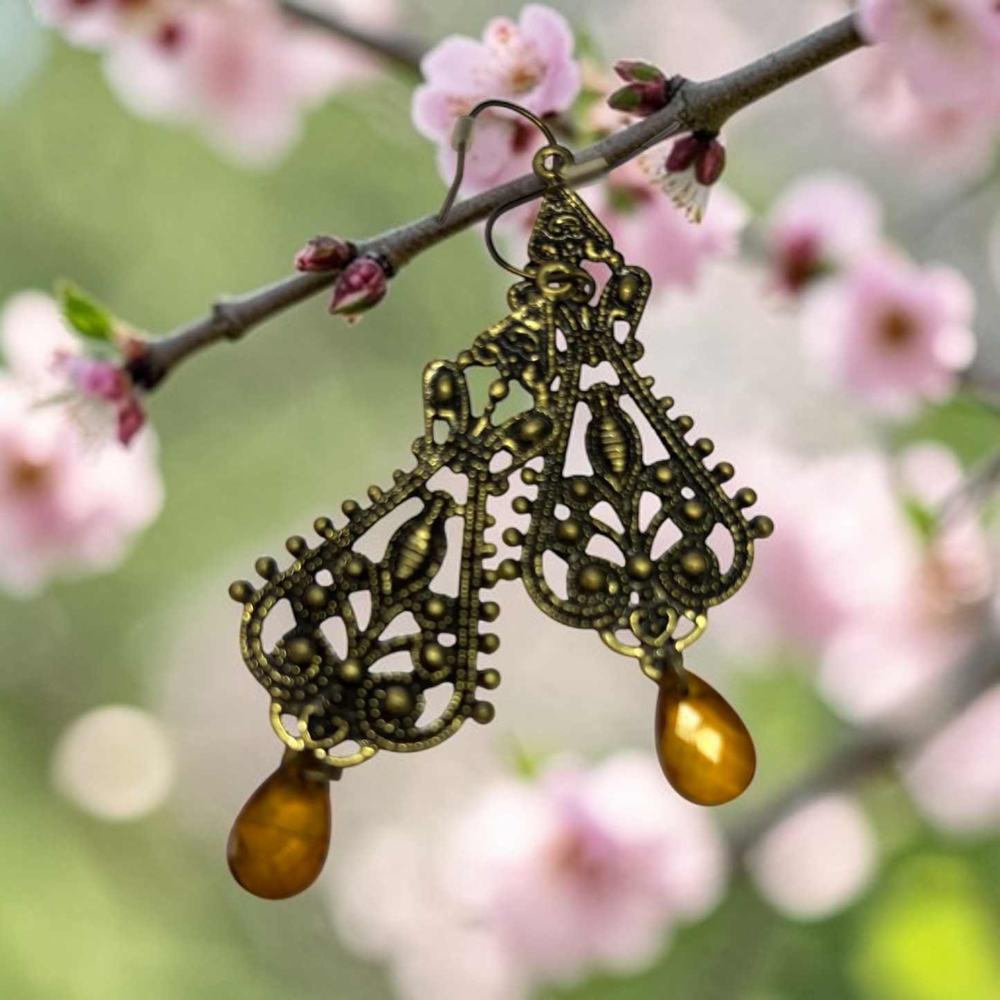 30023 - 2"  Stunning Pierced Amber Bead Earrings in Durable Brass |Clear-178|