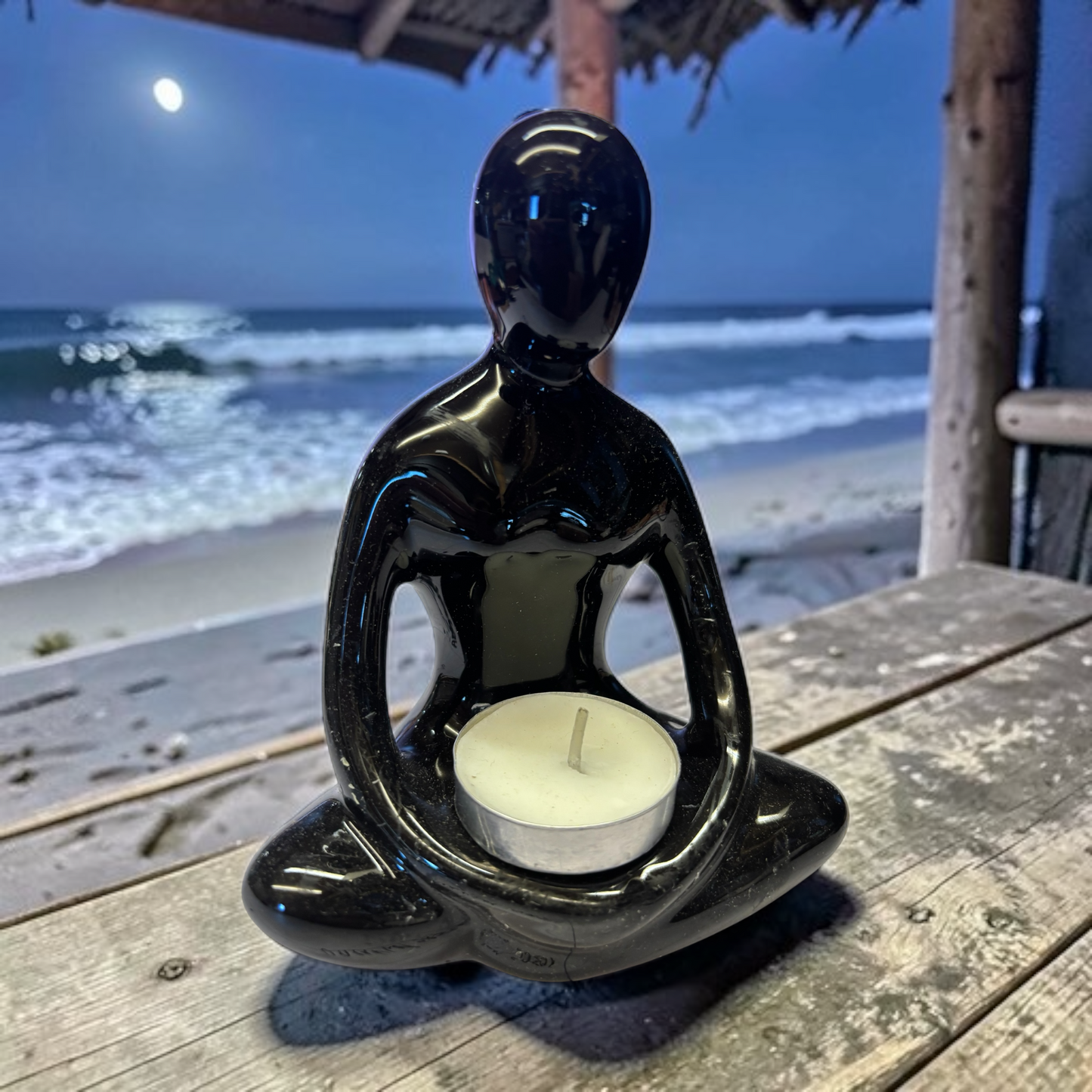 16702 - 6" Yoga Lotus Pose Ceramic Candle Holder Black |9-15|
