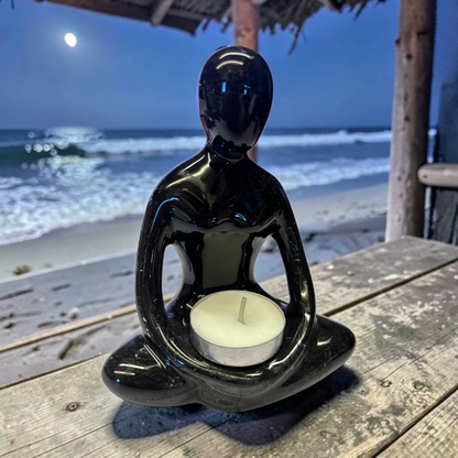 16702 - 6" Yoga Lotus Pose Ceramic Candle Holder Black |9-15|