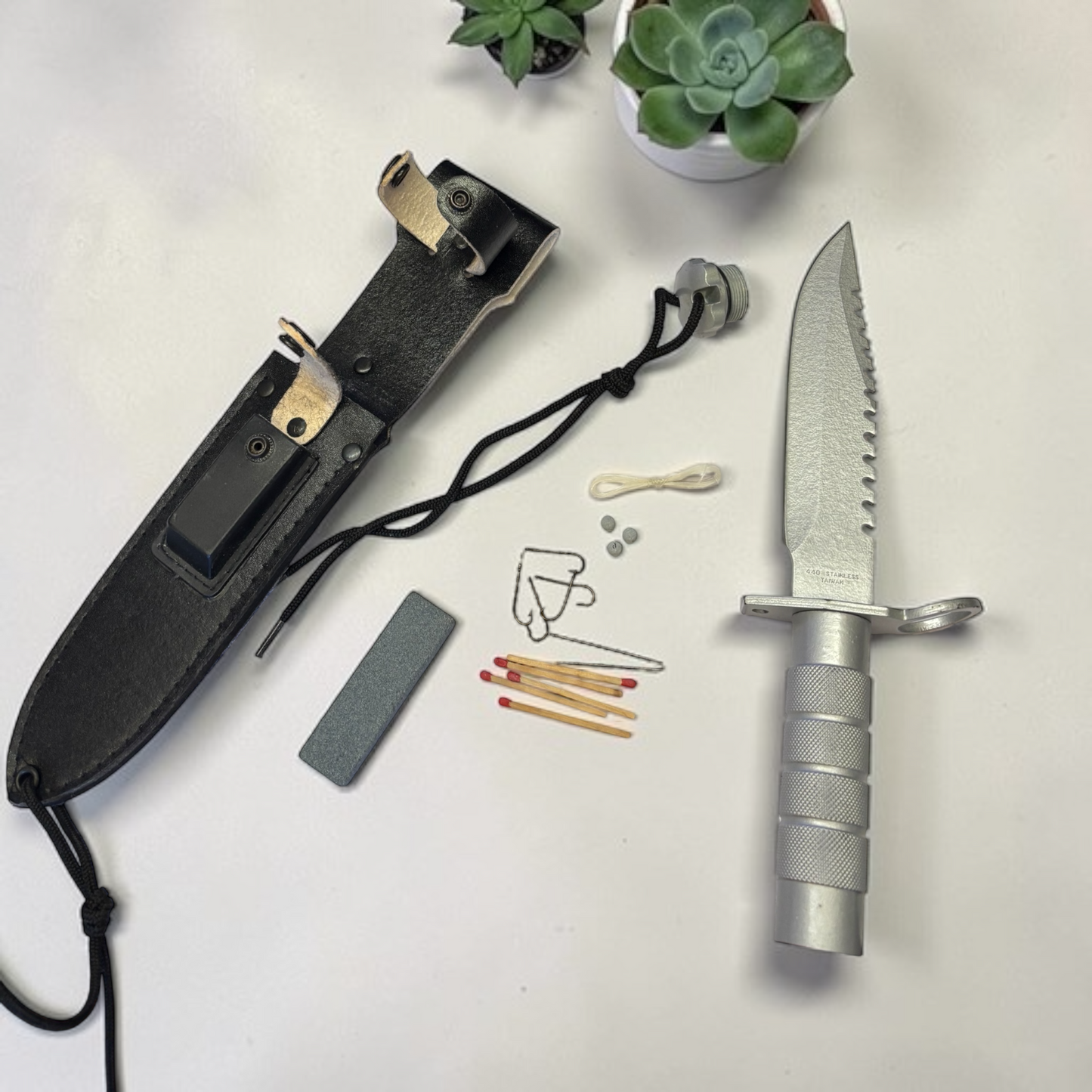 6764 - Survival Knife 12" Silver Sharpener, Fishing Hooks And Line, Matches, Needles Weights |105|Store|
