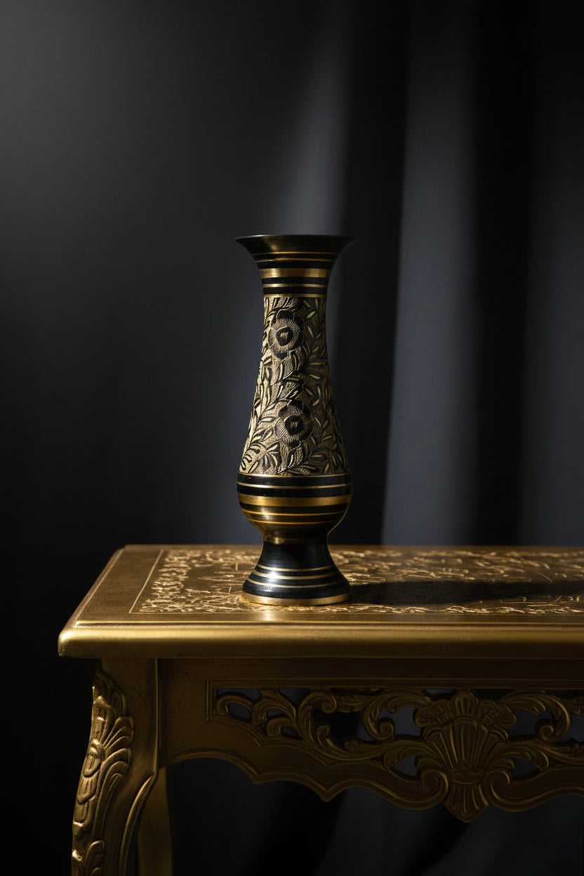 21626 -Vintage Black and Gold Etched Brass Bud Vase 7.5 inches |Store|