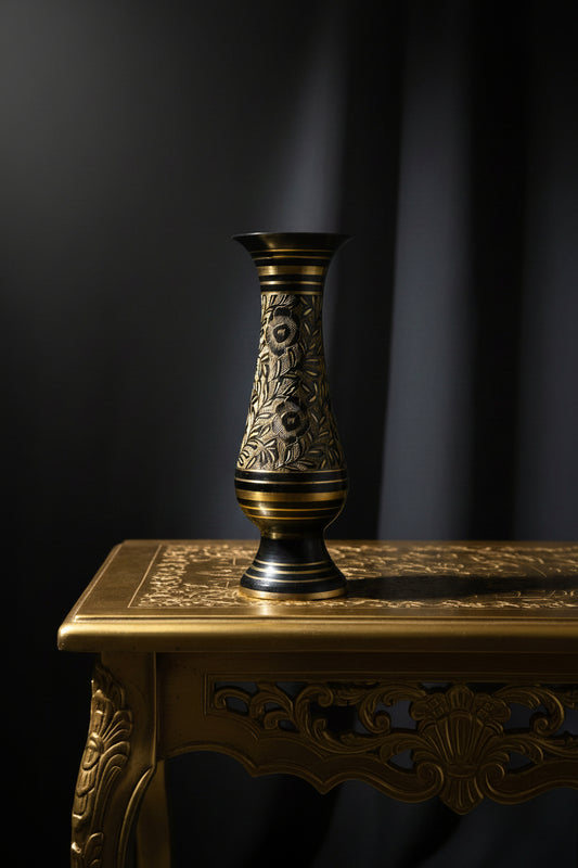 21626 -Vintage Black and Gold Etched Brass Bud Vase 7.5 inches |Store|