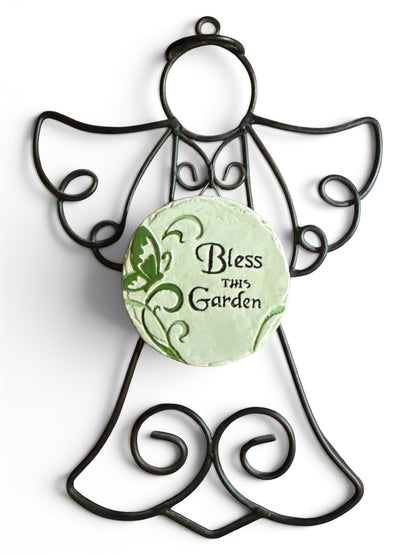 33842-8-Inch Wired Angel Ornament with "Bless This Garden" Accent Tile |9-4|
