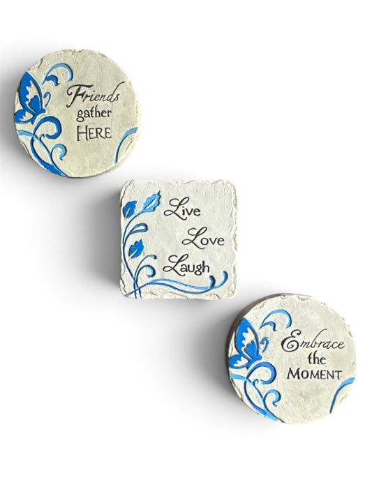 35690 -3 Inspirational 2" Plaques "Live Laugh Love", "Friends Gather Here", and "Embrace the Moment |9-4|