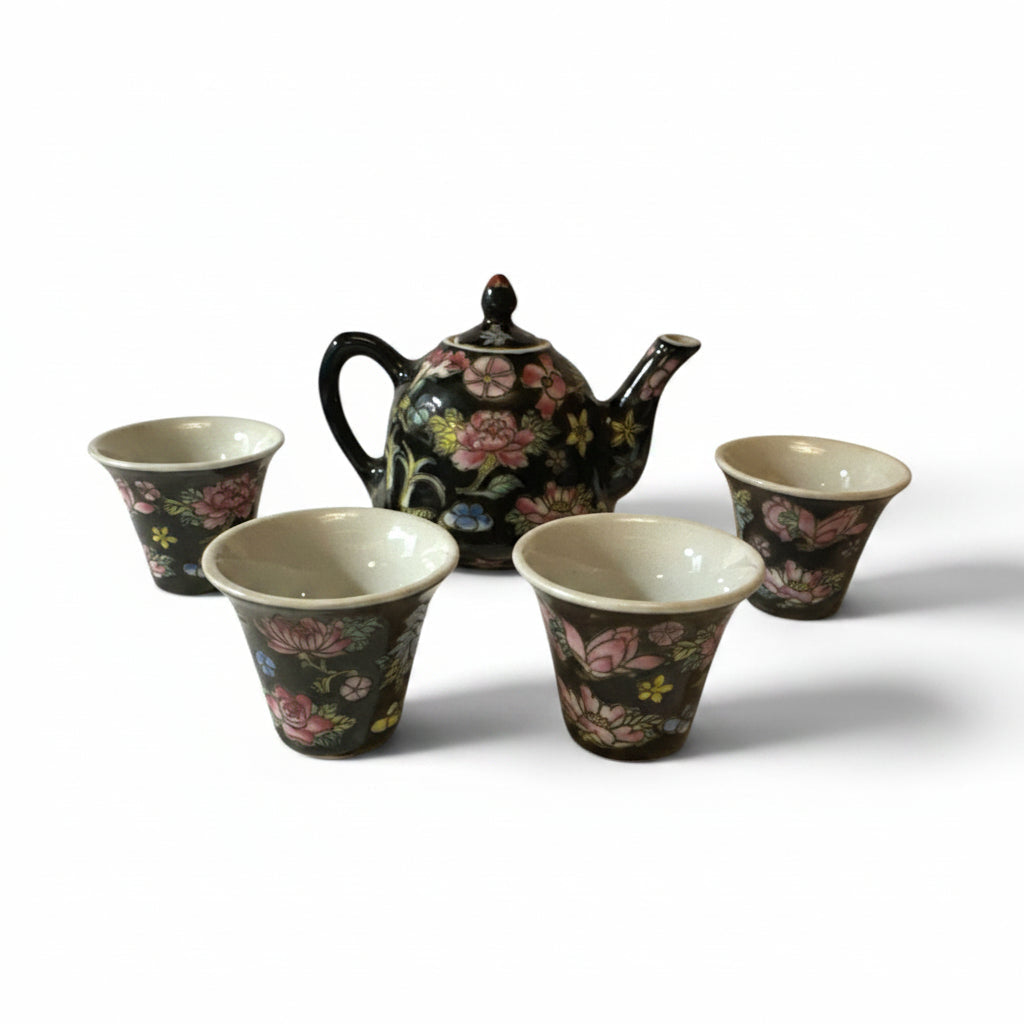 13449 - 2.5" Ceramic Black Teapot With Four Cups Child Tea Set |TBD|