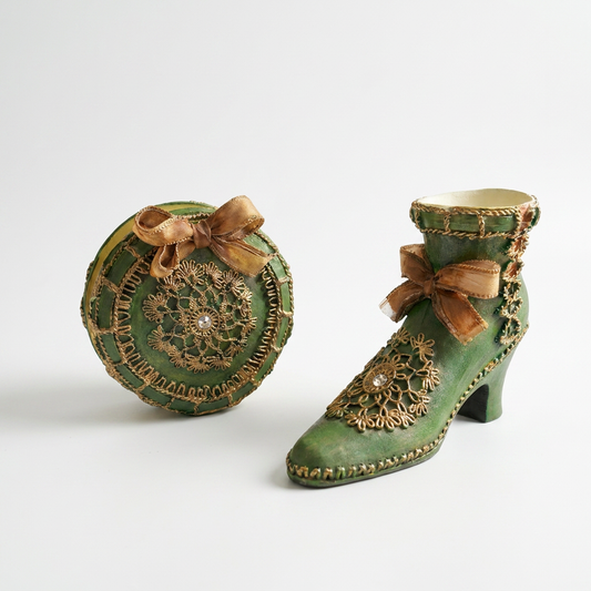 25752 - 4" Vintage Green Boot & Purse Set - Miniature Decorative Duo |1-27|