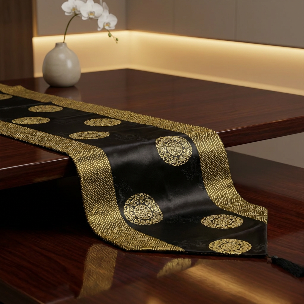 17143 - 74" Black Gold Embroidery Satin Table Runner |22-1|