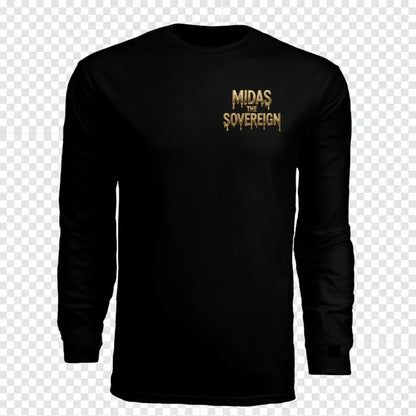 Martial Arts Supply black long-sleeve performance crew shirt with gold "MIDAS THE SOVEREIGN" graphic on chest.