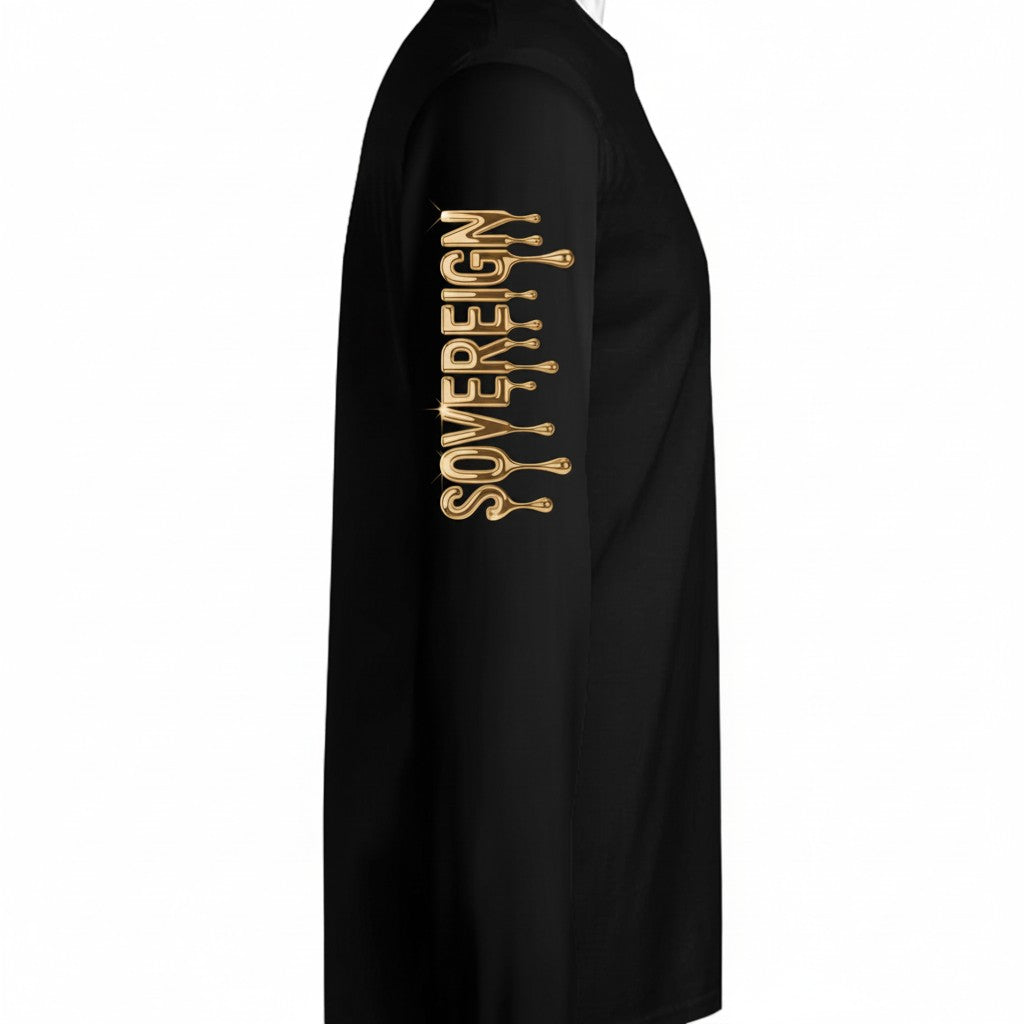 Martial Arts Supply black long-sleeve polyester performance crew neck shirt with gold dripping "SOVEREIGN" graphic on the right sleeve.