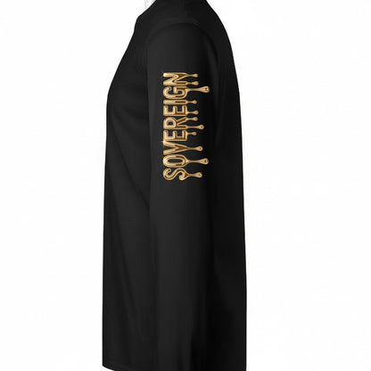Martial Arts Supply black long-sleeve performance crewneck tee with gold dripping "SOVEREIGN" graphic on left sleeve.
