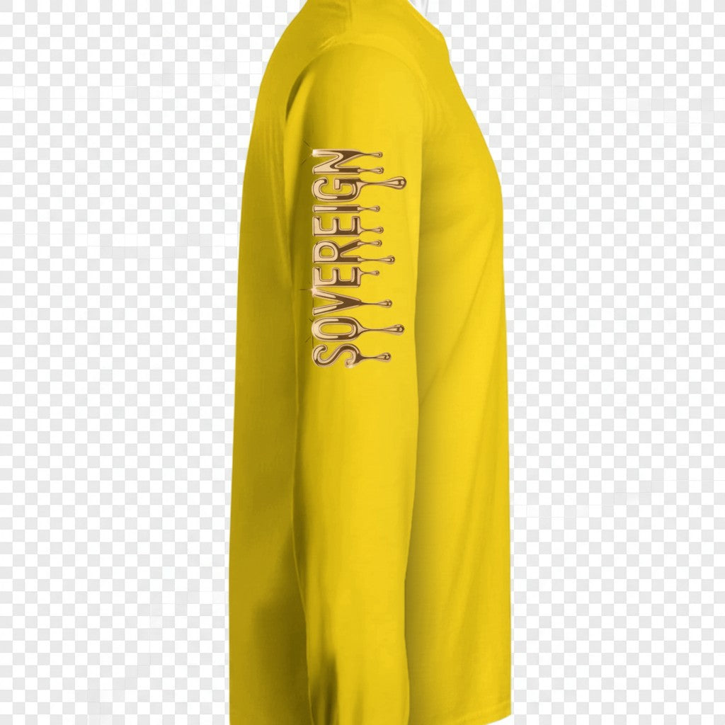 Martial Arts Supply yellow long-sleeve polyester performance crew shirt with "SOVEREIGN" text graphic on the sleeve.