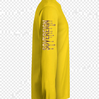 Martial Arts Supply yellow long-sleeve polyester performance crew shirt with "SOVEREIGN" text graphic on the sleeve.