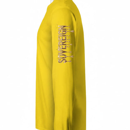 Martial Arts Supply yellow long-sleeve performance crew neck t-shirt with "SOVEREIGN" text graphic on sleeve.