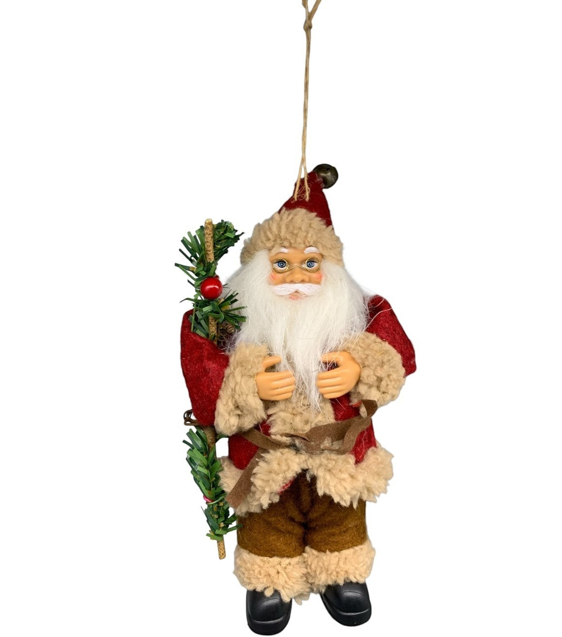Martial Arts Supply Santa Claus ornament with brown pants, red coat, and faux fur trim, holding a green sprig and red sack.