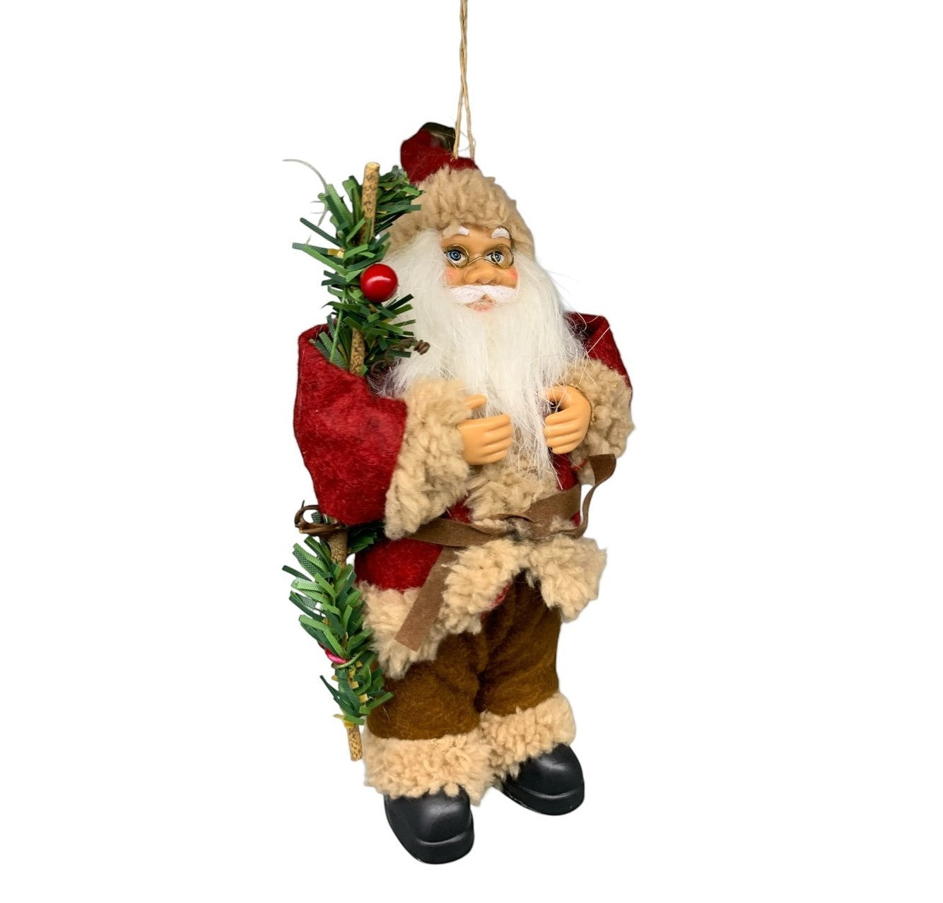 Martial Arts Supply Santa Claus ornament with red coat, brown pants, and faux fur trim, holding a mini evergreen branch.