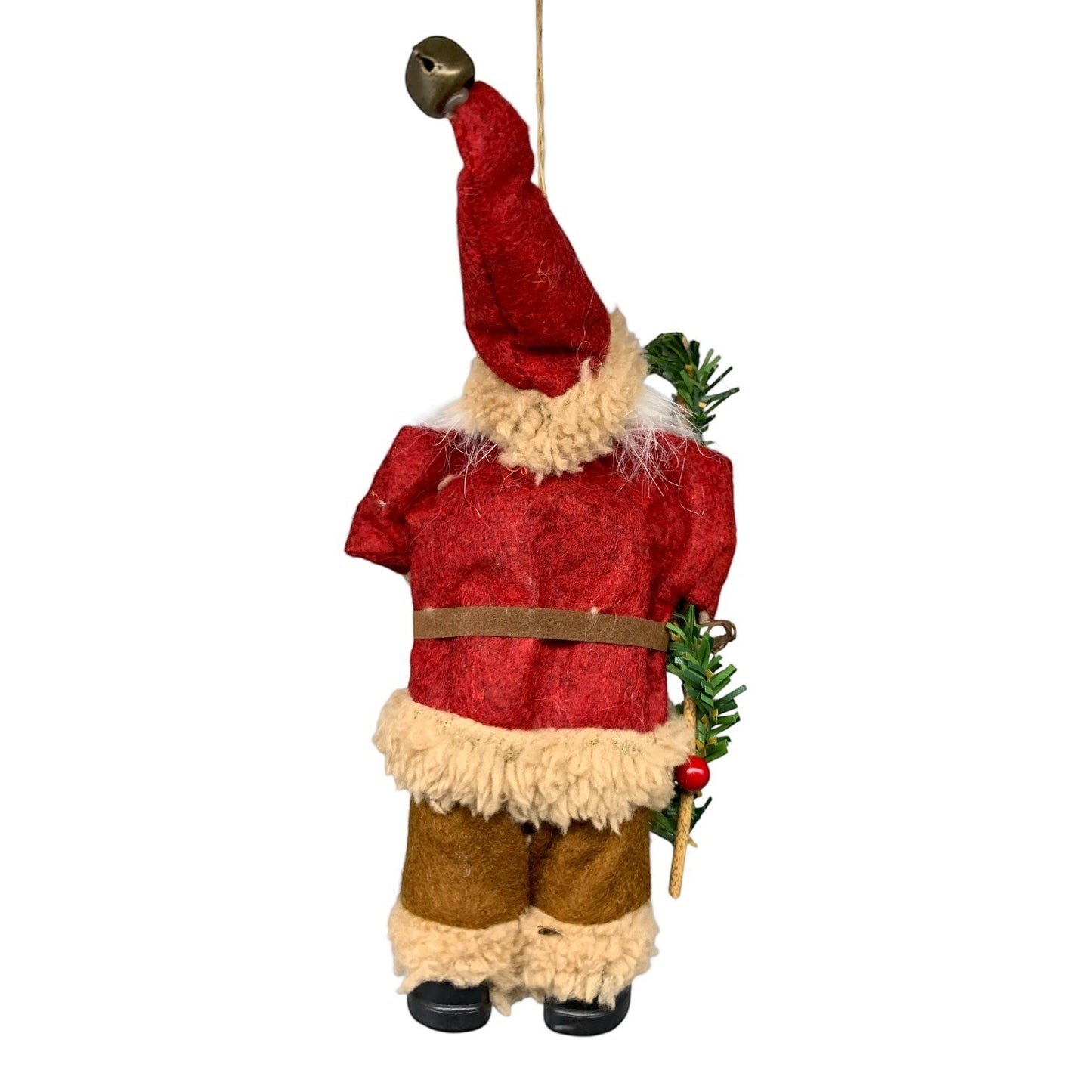 Martial Arts Supply Santa Claus ornament with red suit, brown pants, and faux fur trim. Features a bell on his hat and a sprig of holly.