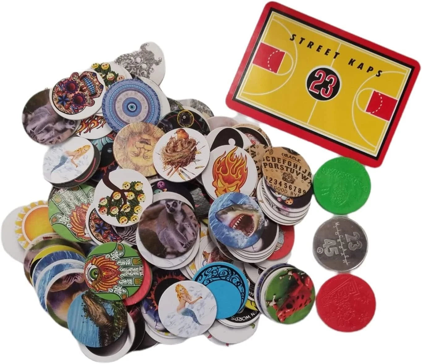 48294 - Pogs Milk Caps Lot – 200 Pieces + 6 Slammers + 1 Gameboard – Street Kaps
