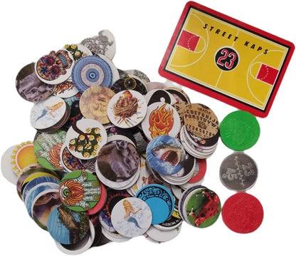 48294 - Pogs Milk Caps Lot – 200 Pieces + 6 Slammers + 1 Gameboard – Street Kaps